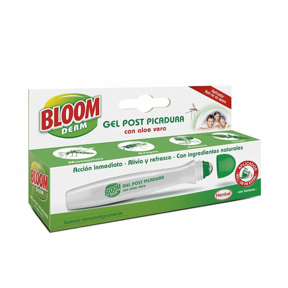 Verpackung von Bloom Derm Gel Post Bite. Enthält eine Tube und eine Schachtel. Aufschrift: Bloom Derm, Gel Post Picadura, Aloe Vera.