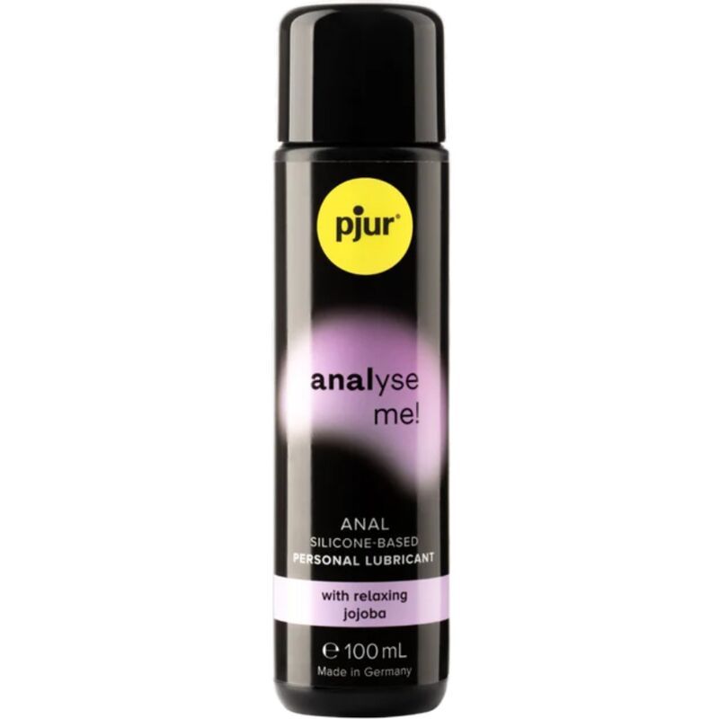 Zylindrische Flasche mit schwarzem Deckel. Aufschrift: pjur, analyse me!, Anal Silicone-Based Personal Lubricant. 100ml.