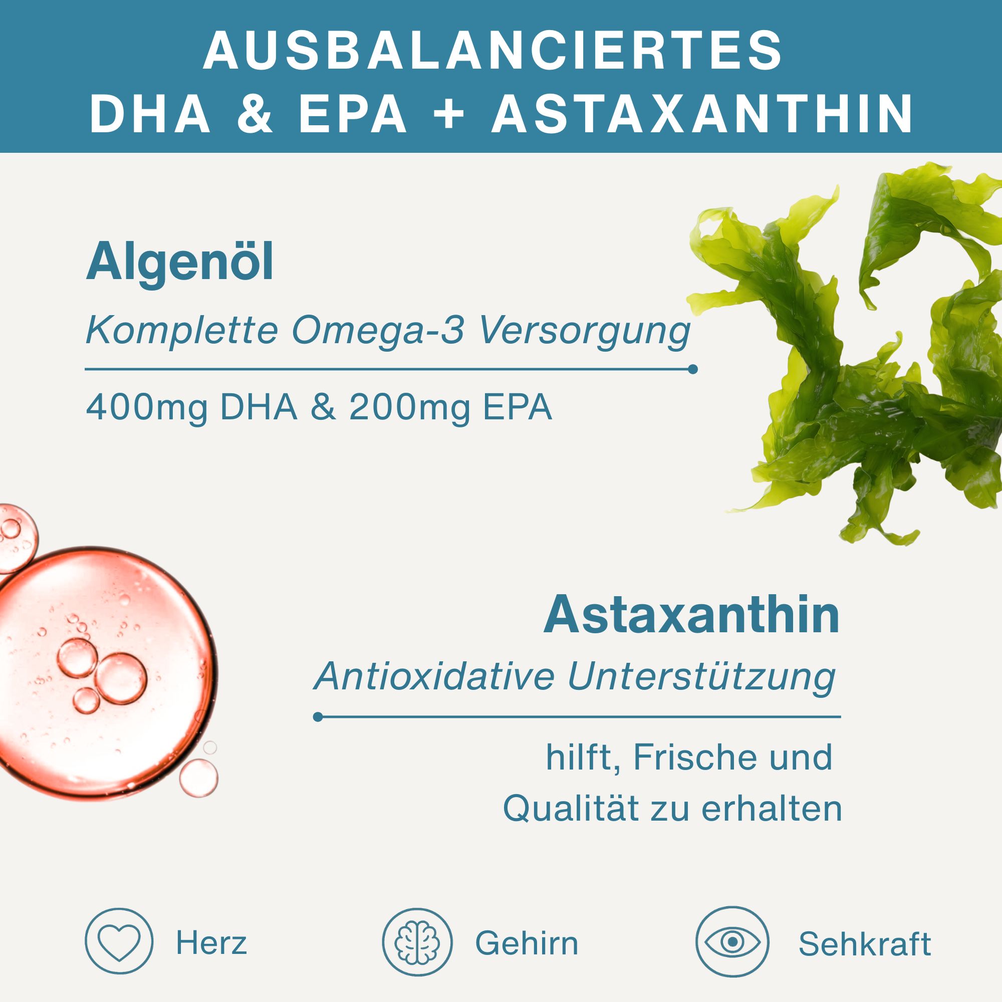 Flasche mit Omega-3-Kapseln. Enthält DHA, EPA und Astaxanthin. Hergestellt in GB.