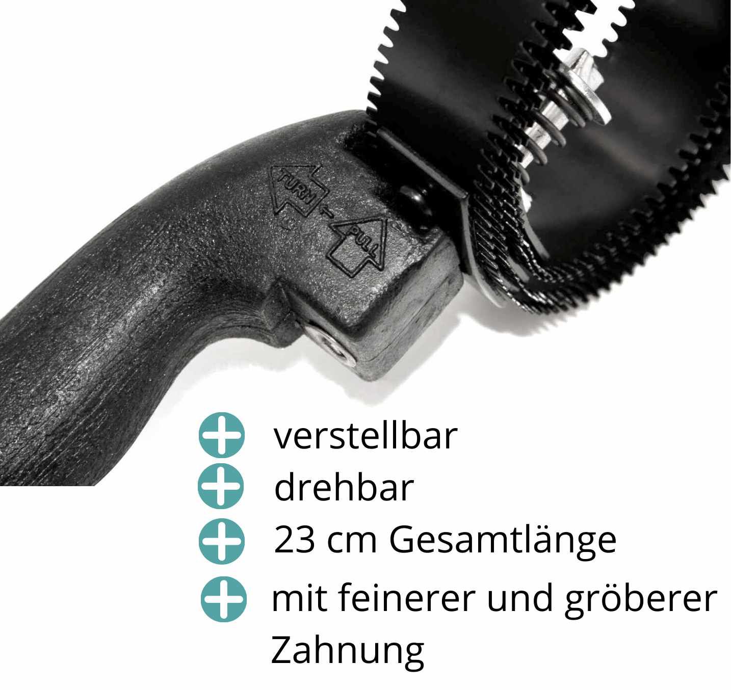 Nahaufnahme eines Spiralstriegels mit schwarzem Griff. Text: verstellbar, drehbar, 23 cm Gesamtlänge, mit feinerer und gröberer Zahnung.
