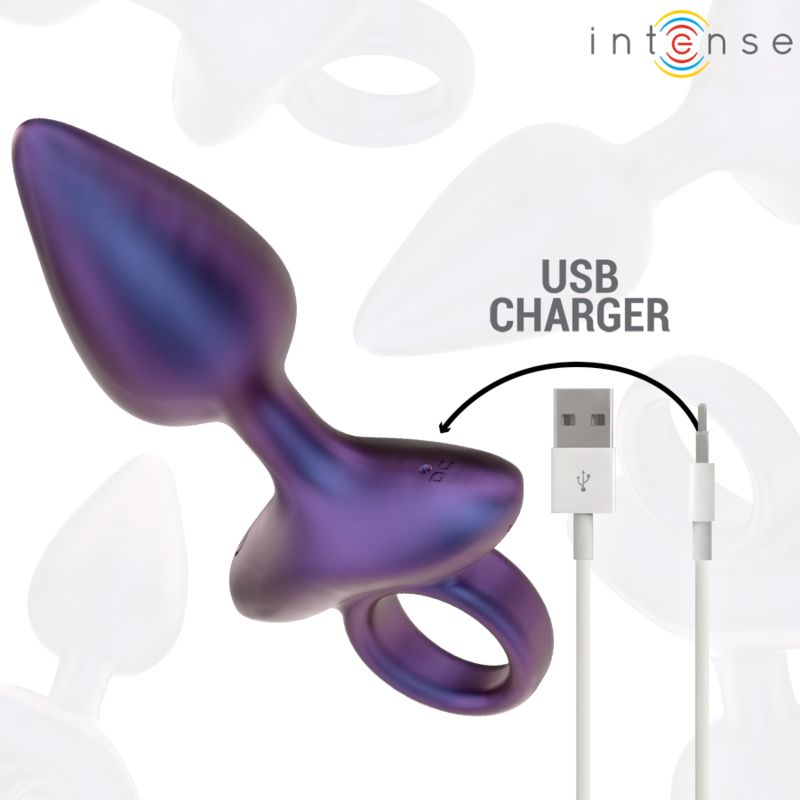 Lila Analstecker mit weißem Griff und Ring. USB-Ladegerät. Marke: Intense.