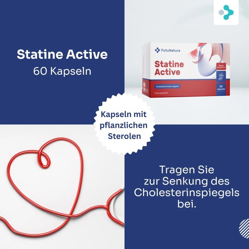 FutuNatura Statine Active, 60 Kapseln. Text: Kapseln mit pflanzlichen Sterolen. Herzform aus roter Schnur.