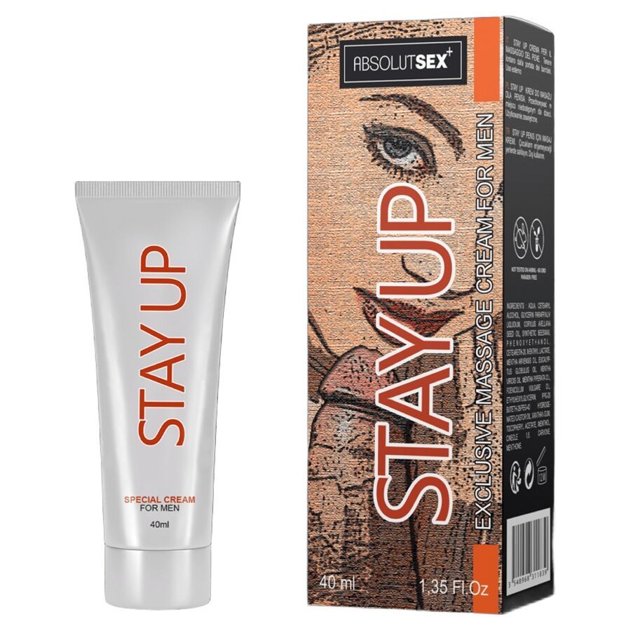 Creme-Tube und Verpackung. Tube mit "STAY UP" und "SPECIAL CREAM FOR MEN". Verpackung mit "ABSULUTSEX" und "STAY UP".