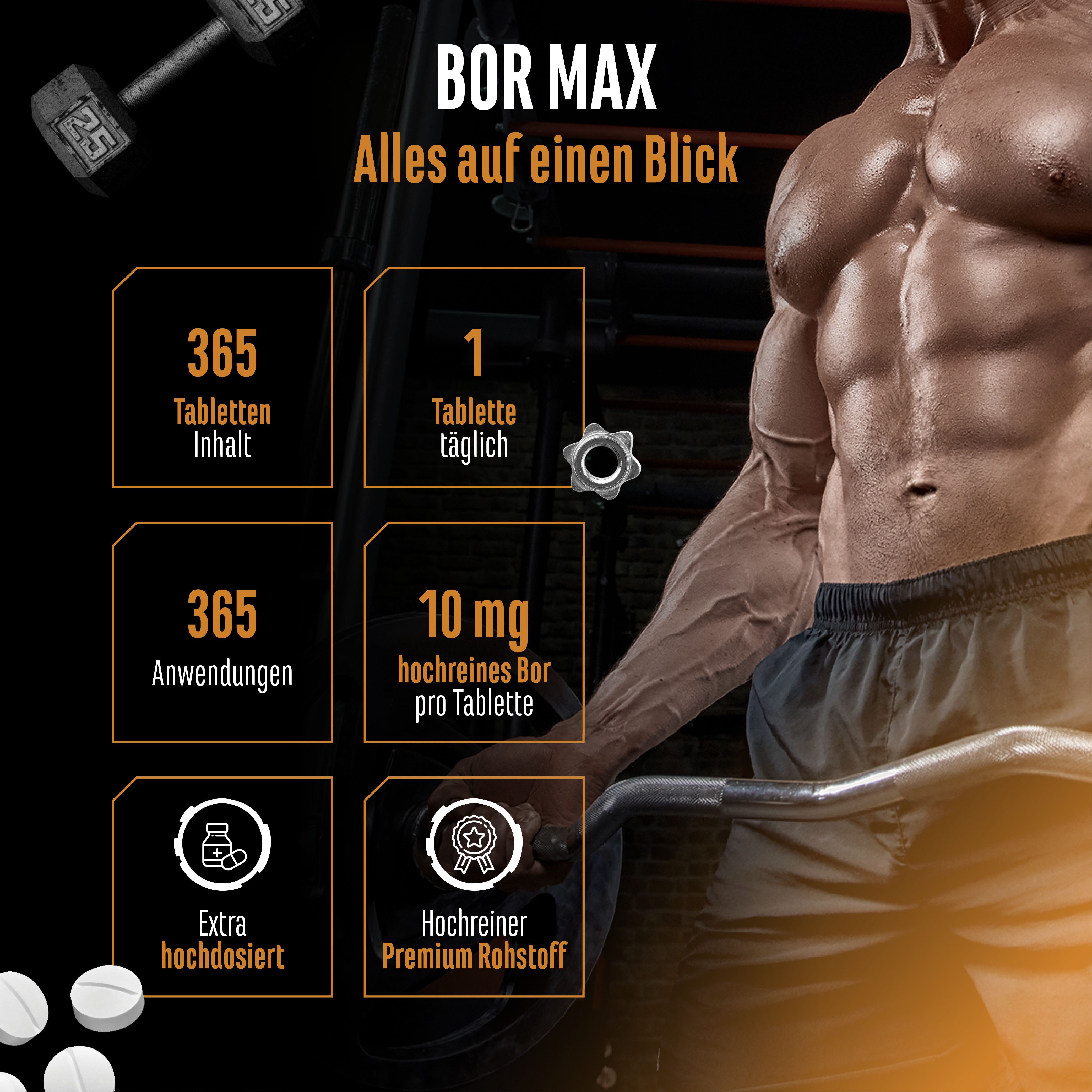 Werbebild mit muskulösem Mann. Text: Bor Max, 365 Tabletten, 1 Tablette täglich, 10 mg Bor pro Tablette, extra hochdosiert, hochreiner Premium-Rohstoff.