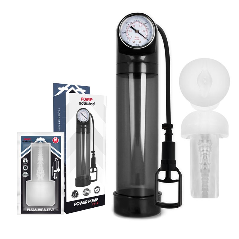 Pumpe mit Manometer, schwarzem Zylinder, transparentem Einsatz und Verpackung. Aufdruck: Pump Addicted.