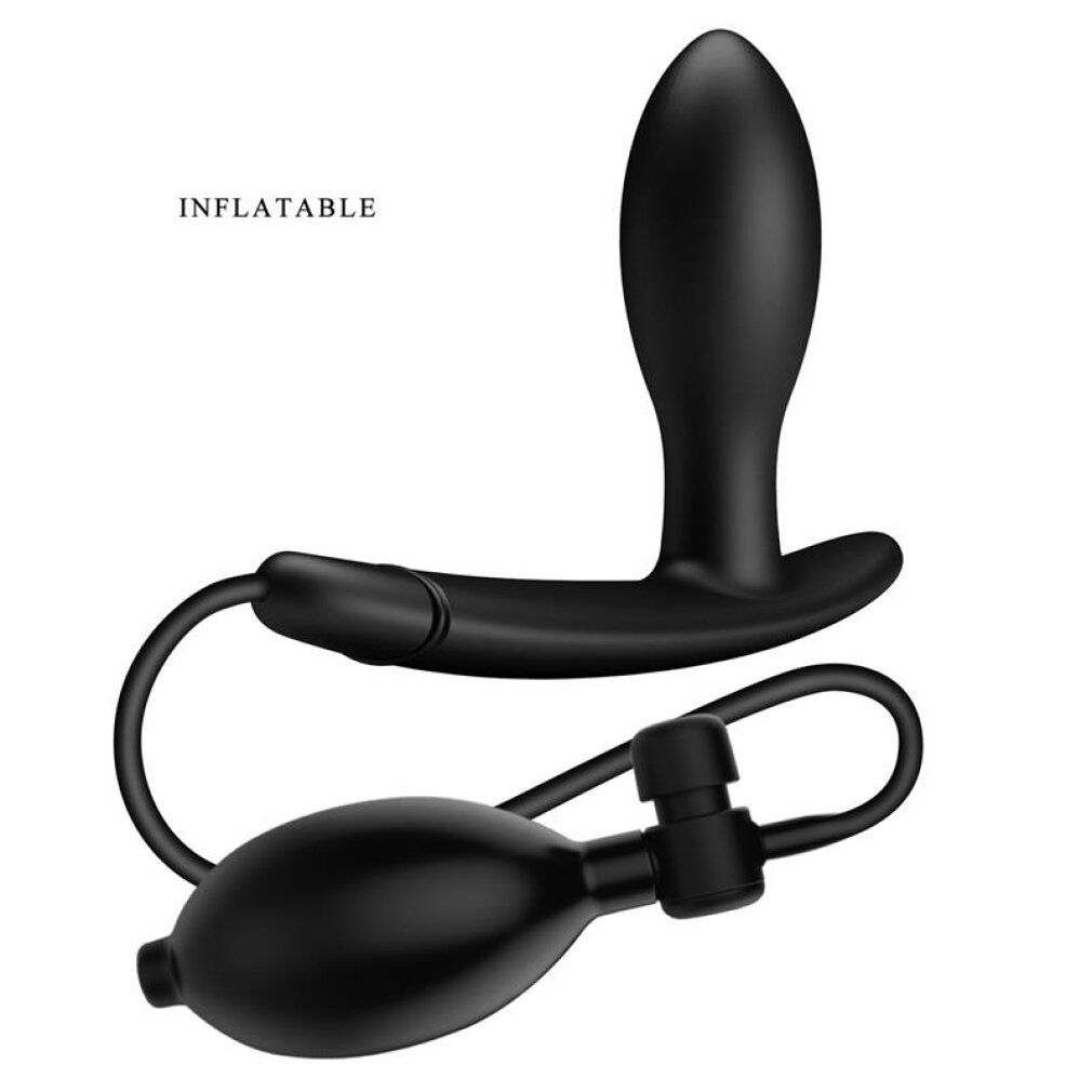 Schwarzer, aufblasbarer Analstecker mit integrierter Pumpe und Schlauch. Der Stecker hat eine ergonomische Form.