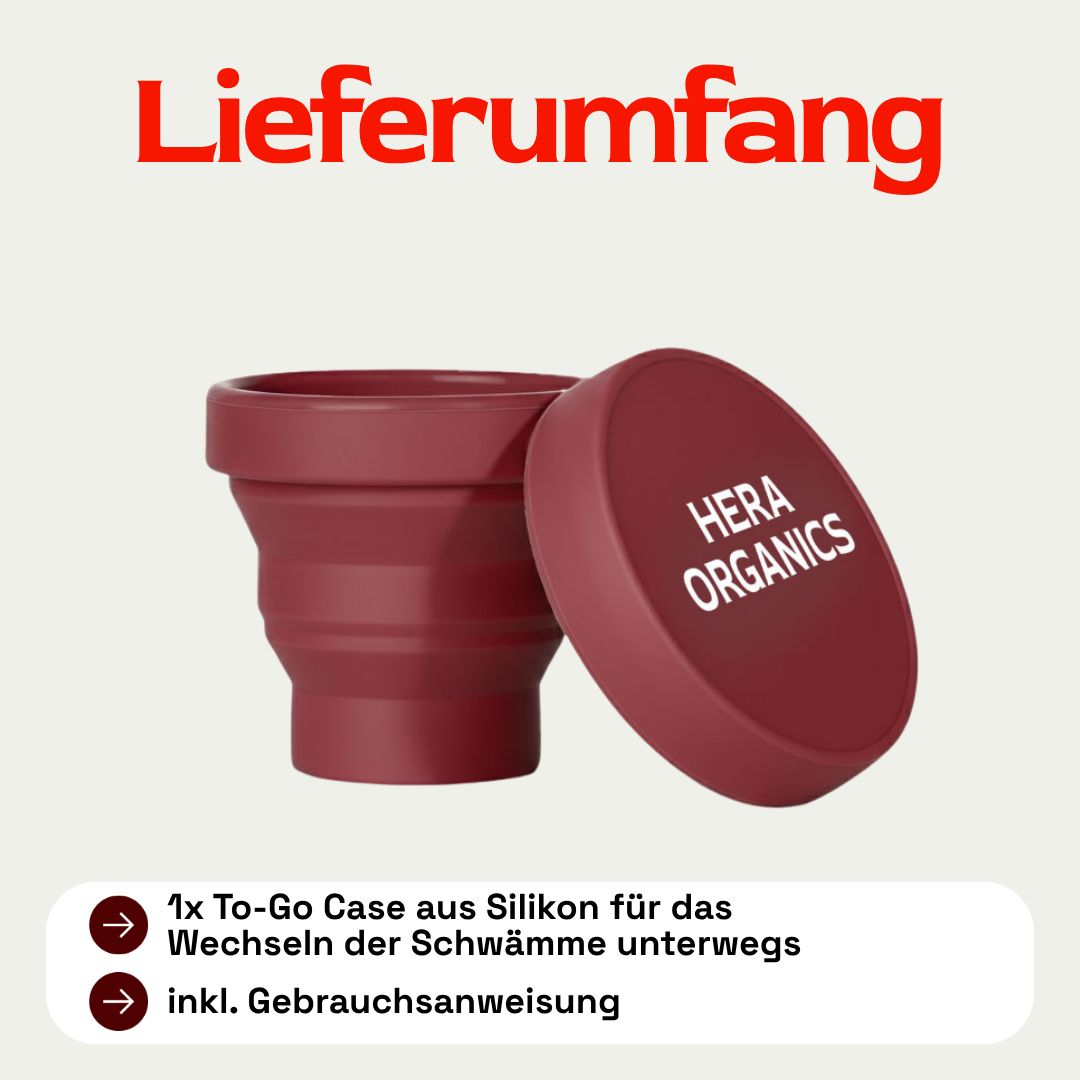 Bordeauxfarbenes, faltbares Case mit Deckel. Deckel mit weißem "HERA ORGANICS"-Schriftzug. Text: Lieferumfang, 1x Case, Anleitung.