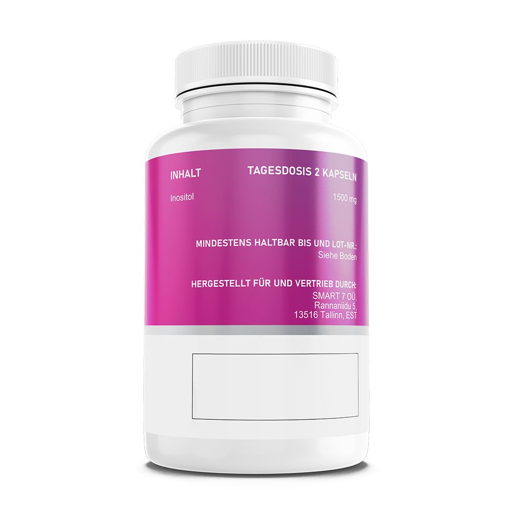 Weiße Flasche mit rosa Etikett. Text: Tagesdosis 2 Kapseln, Inositol 1500 mg. Mindestens haltbar bis. Hergestellt für.