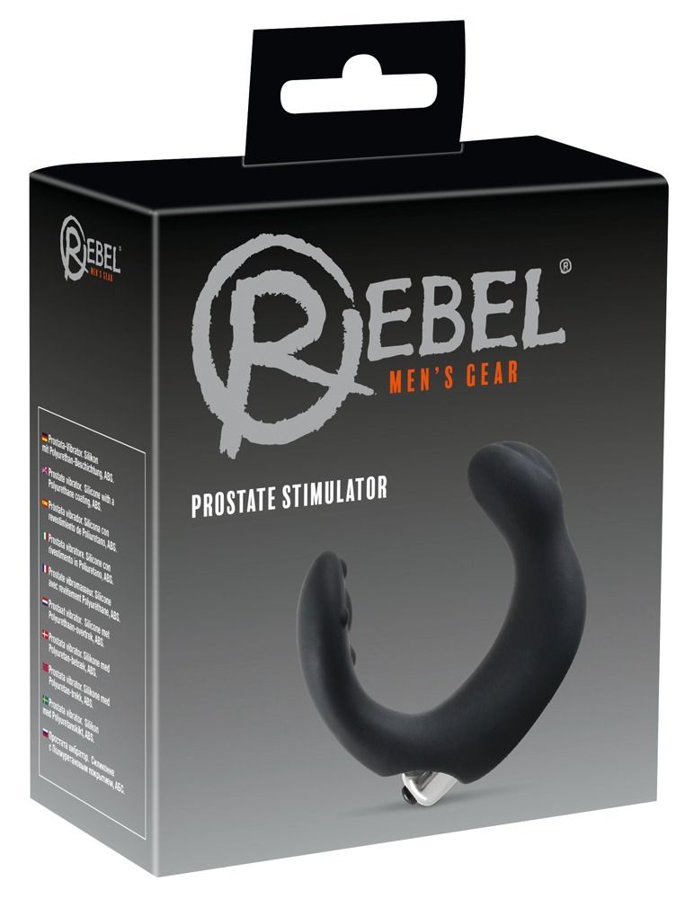 Verpackung mit Produktabbildung. Schwarzer Vibrator, U-förmig, mit Text: REBEL MEN'S GEAR, PROSTATE STIMULATOR.