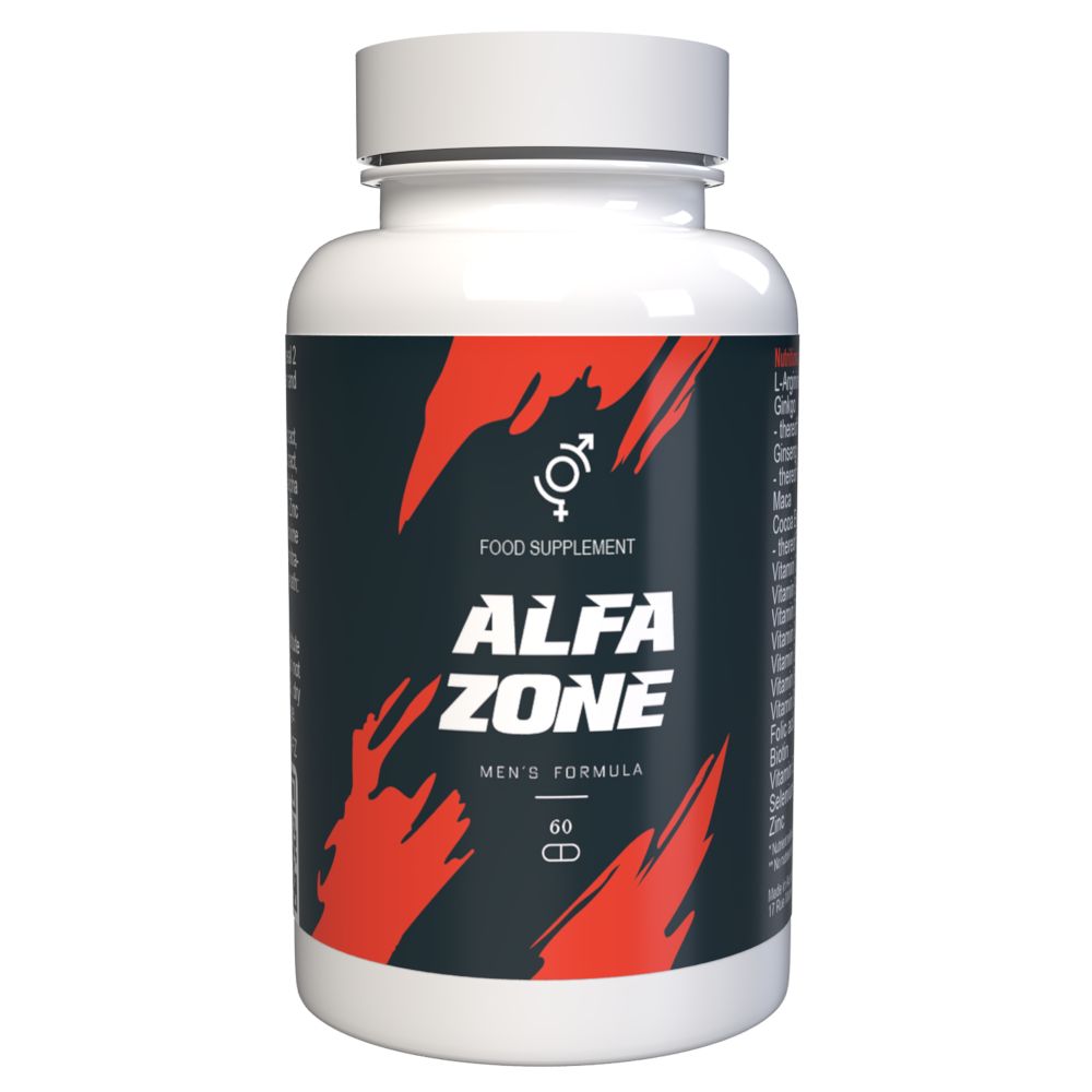 Weiße Kapsel-Dose mit roter und schwarzer Schrift. Aufschrift: Alfa Zone, Men's Formula. Symbol für Mann.