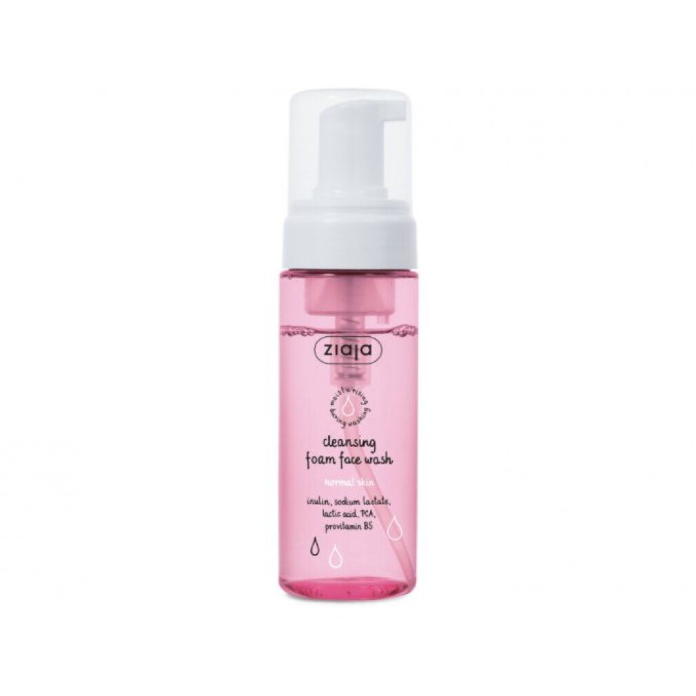 Rosa Flasche mit weißem Pumpspender. Aufschrift: ZIAJA, cleansing foam face wash. Enthält Inhaltsstoffe.