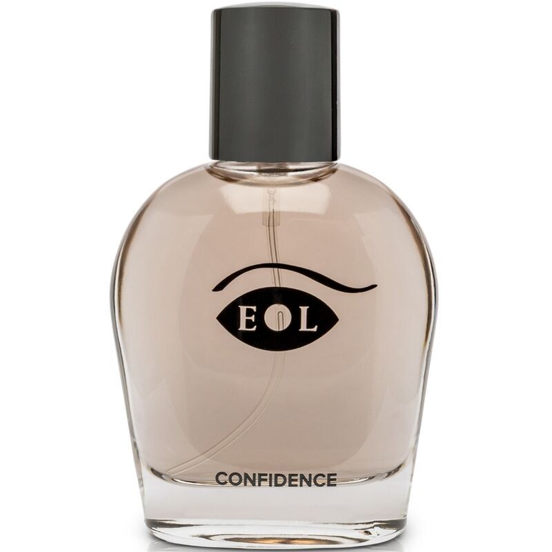 Glasflakon mit grauem Verschluss und dem Logo "EOL" sowie der Aufschrift "CONFIDENCE".