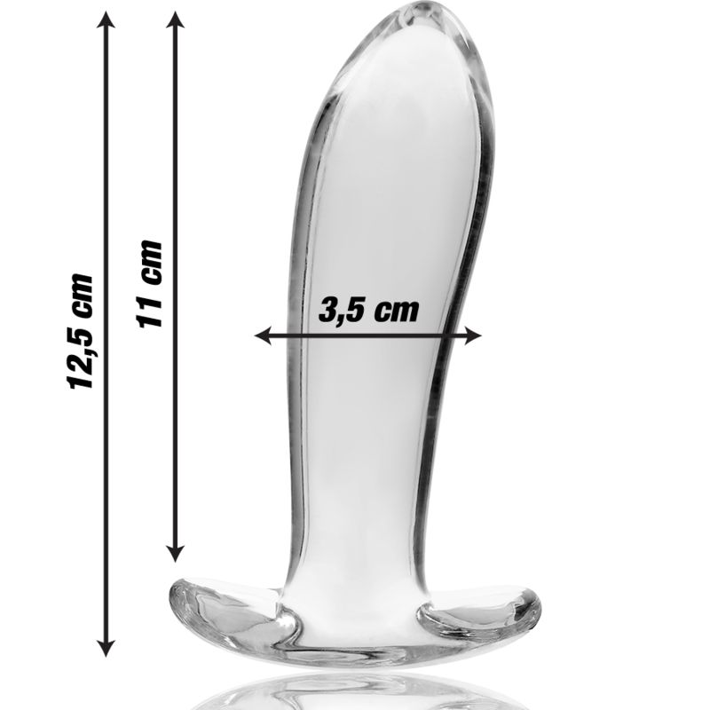 Klarer Glas-Analplug mit Maßen: 12,5 cm Länge, 11 cm Gesamtlänge, 3,5 cm Breite.