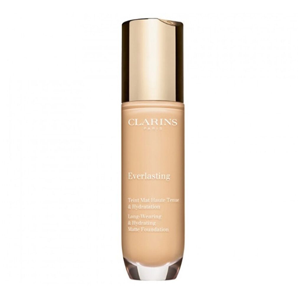Clarins Everlasting Teint Mat Make-up-Flakon. Helle Flüssigkeit in einer Glasflasche mit goldenem Deckel. Produktname und Eigenschaften aufgedruckt.