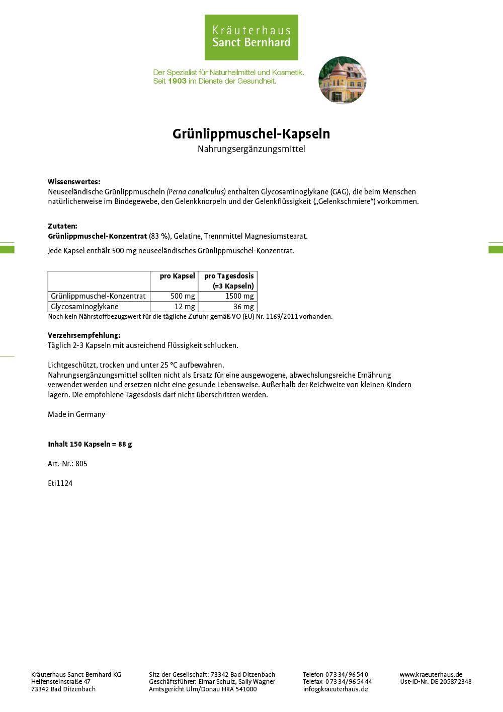Produktinformationen zu Grünlippmuschel-Kapseln. Text auf weißem Hintergrund mit Logo und Inhaltsangaben.