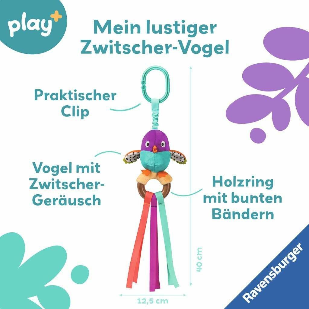 Ravensburger 4853 Play+ Zwitscher-Vogel, Holz-Greifling, Kuscheltier mit Zwitscher-Bauch, Zahnungshi