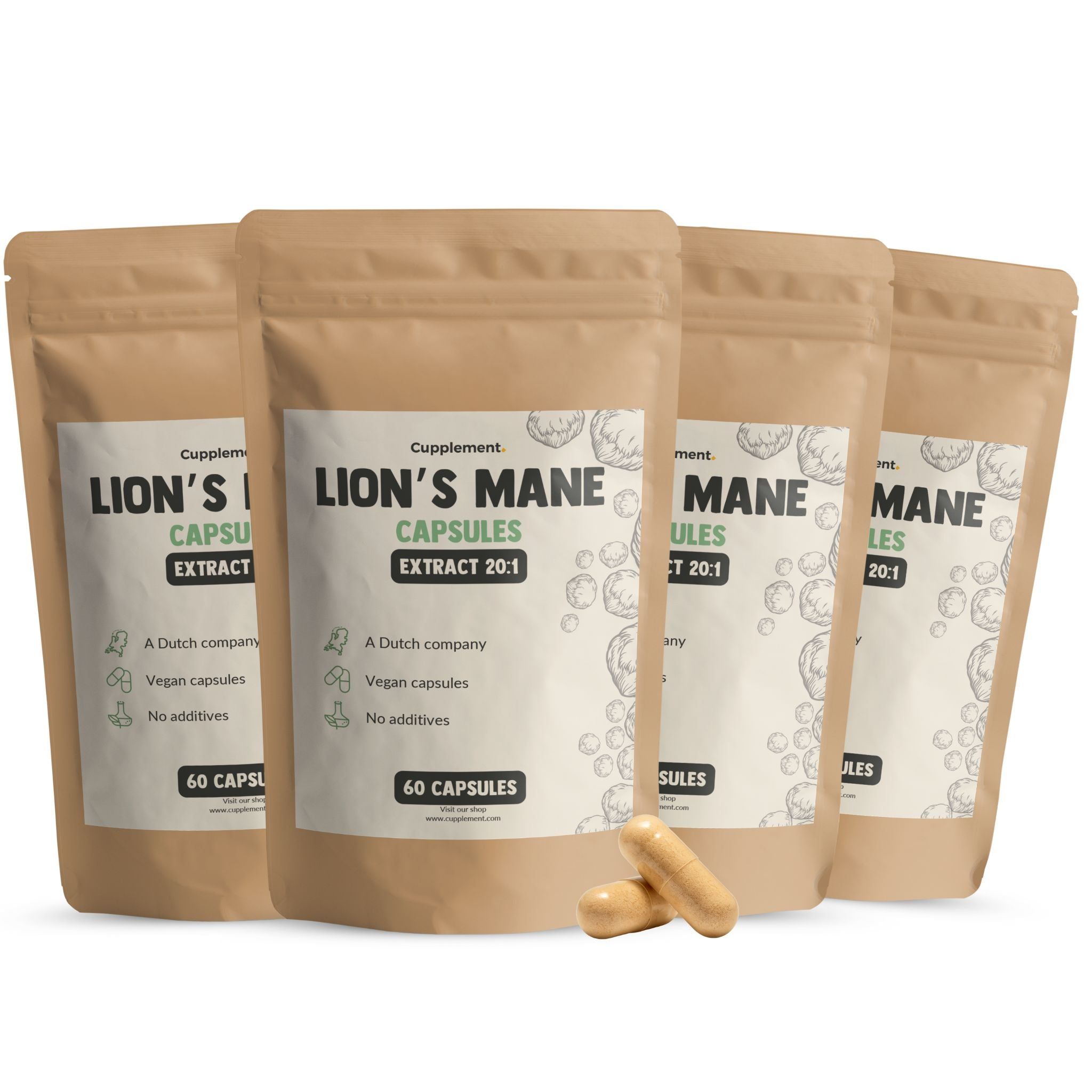 Mehrere Beutel mit Kapseln. Aufschrift: Lion's Mane Capsules Extract 20:1. 60 Kapseln. Zwei Kapseln liegen daneben.