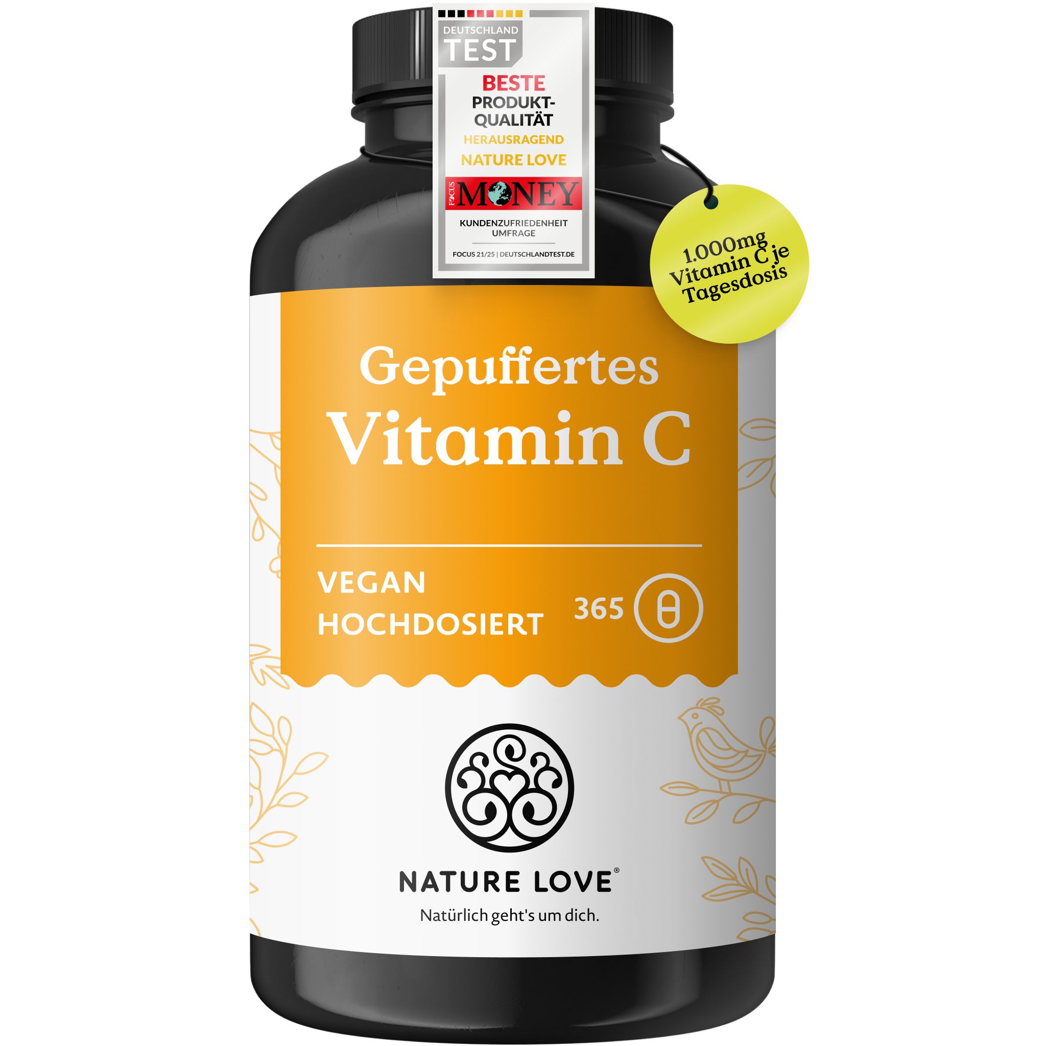 Flasche mit gepuffertem Vitamin C, vegan, hochdosiert, 1000mg pro Tagesdosis. Auszeichnungen für Produktqualität.