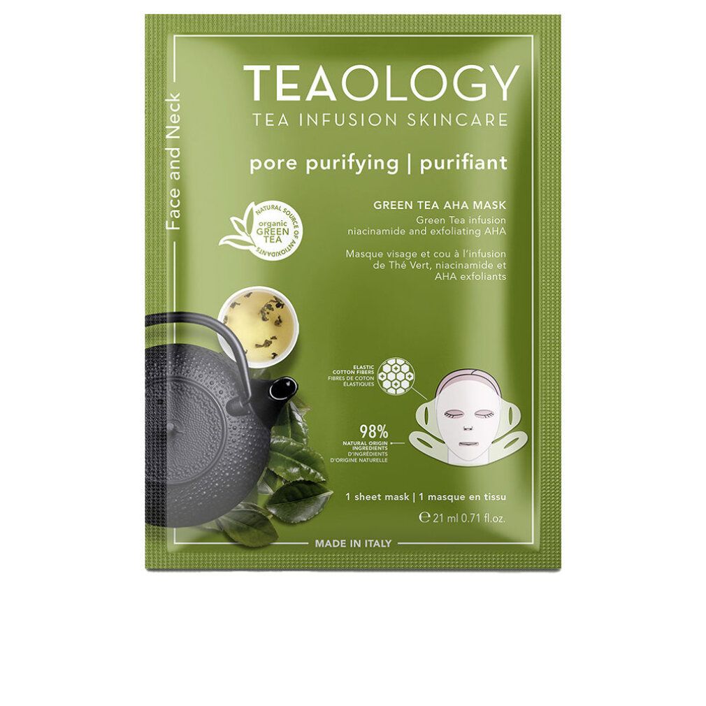 Teaology Pore Purifying Green Tea AHA Mask Einzelblattmaske mit 98% natürlichen Inhaltsstoffen.