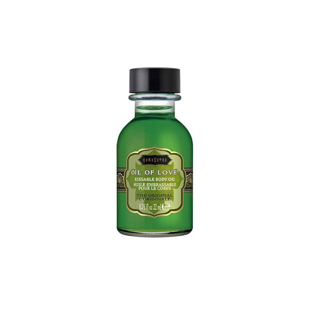 Grüne Glasflasche mit schwarzem Tropfverschluss. Kamasutra Öl des Lebens, Original.