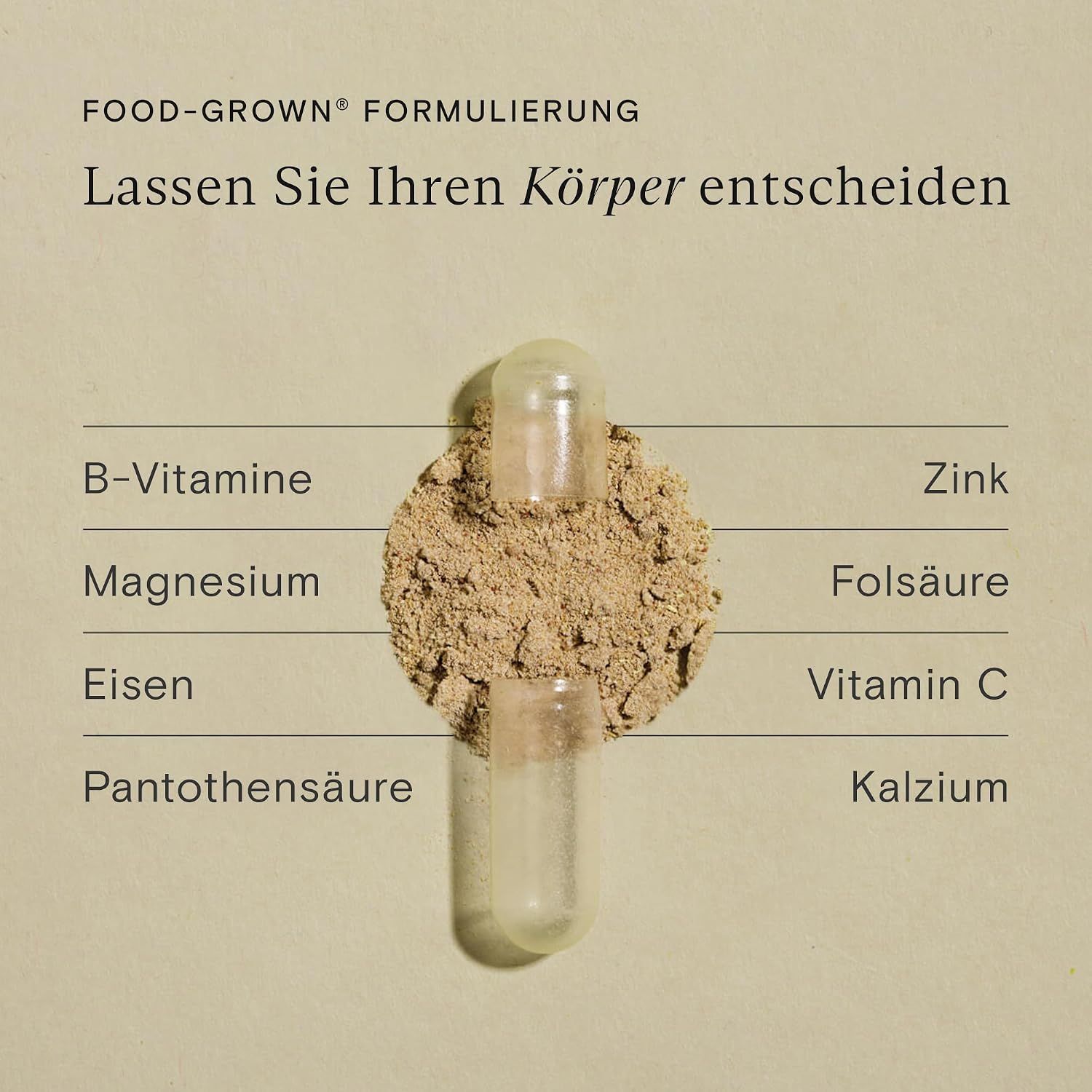 Nährwerttabelle mit Vitaminen und Mineralstoffen, daneben eine braune Glasflasche.