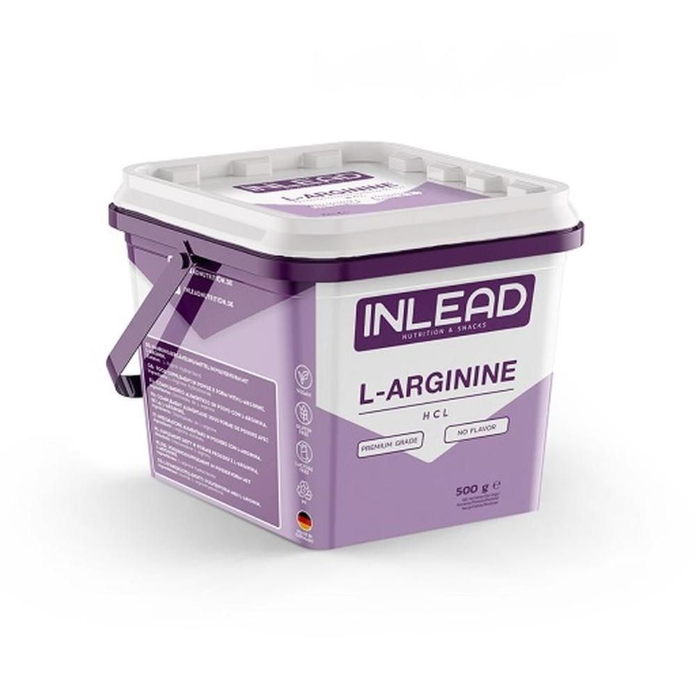 Eimer mit INLEAD L-Arginin HCL. Weißer Deckel, lila Behälter. Text: L-Arginin HCL, Premium Grade, 500 g.