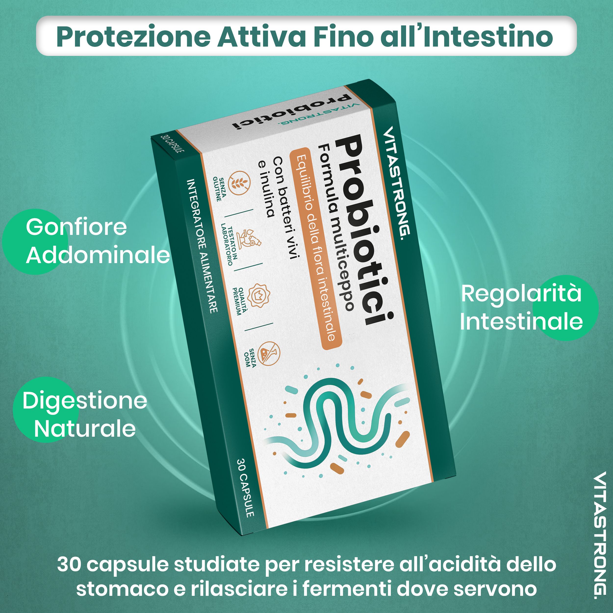 Vitastrong Probiotika-Verpackung. Text: Protezione Attiva Fino all'Intestino. 30 Kapseln.
