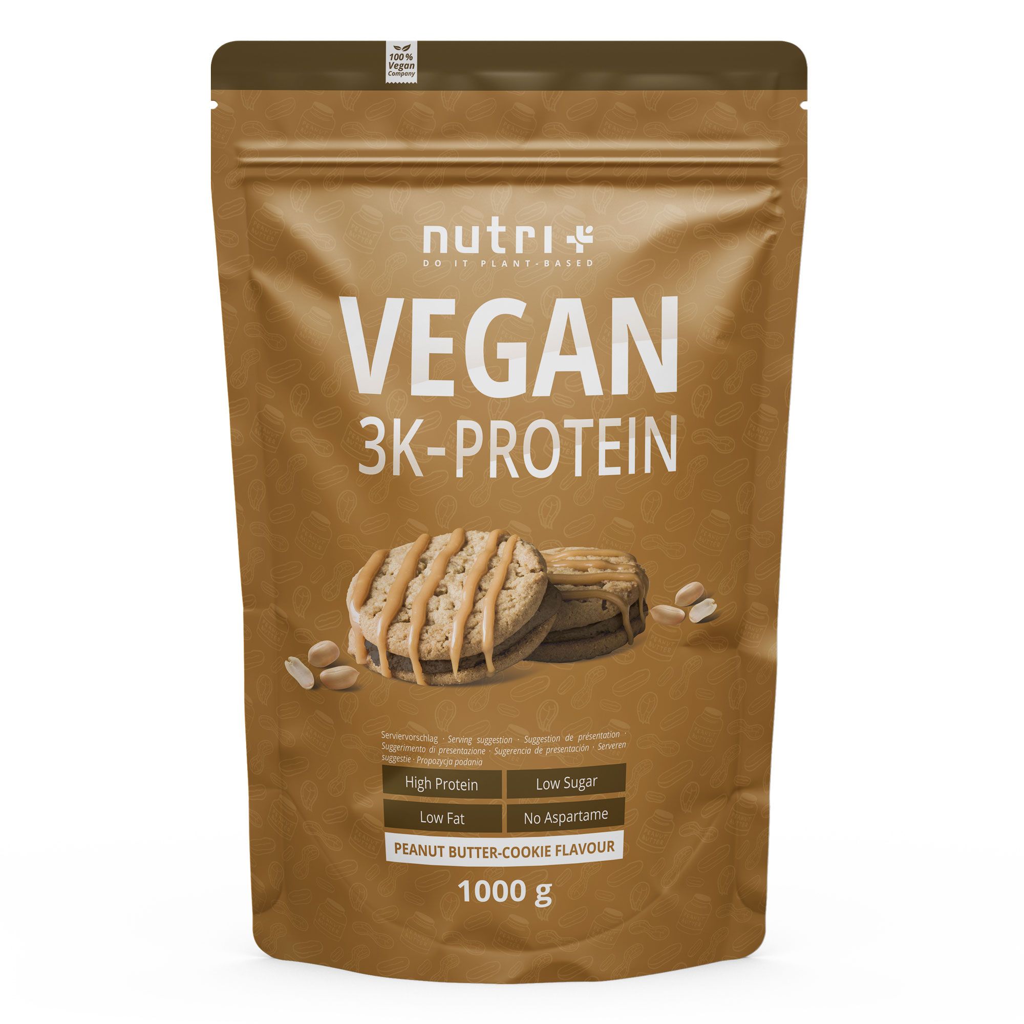 Braune Standbeutel mit Aufschrift 'VEGAN 3K-PROTEIN'. Abbildung von Erdnussbutter-Keksen. '1000 g' und weitere Angaben.