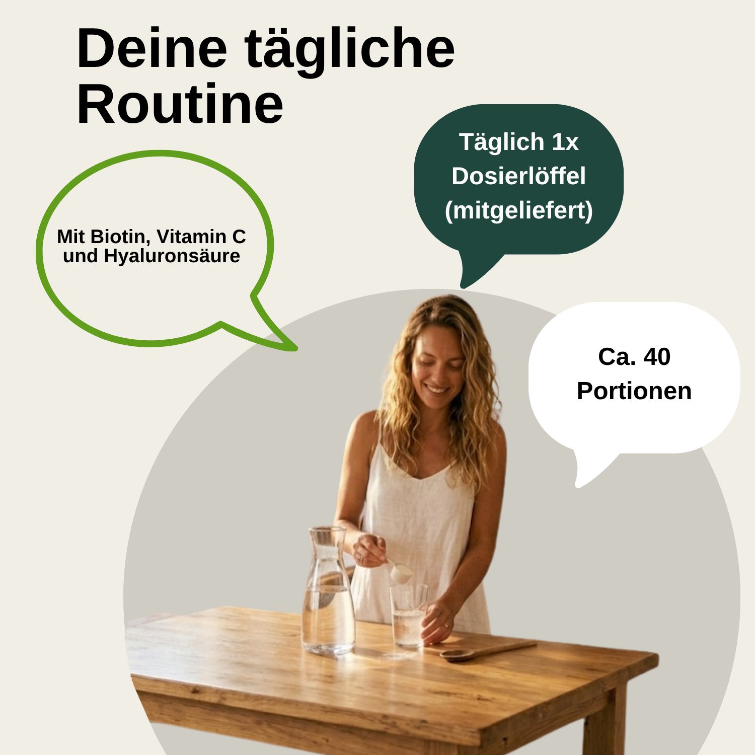 Tägliche Routine: Frau bereitet ein Getränk zu. Mit Biotin, Vitamin C, Hyaluronsäure. Ca. 40 Portionen. Täglich 1 Messlöffel (mitgeliefert).