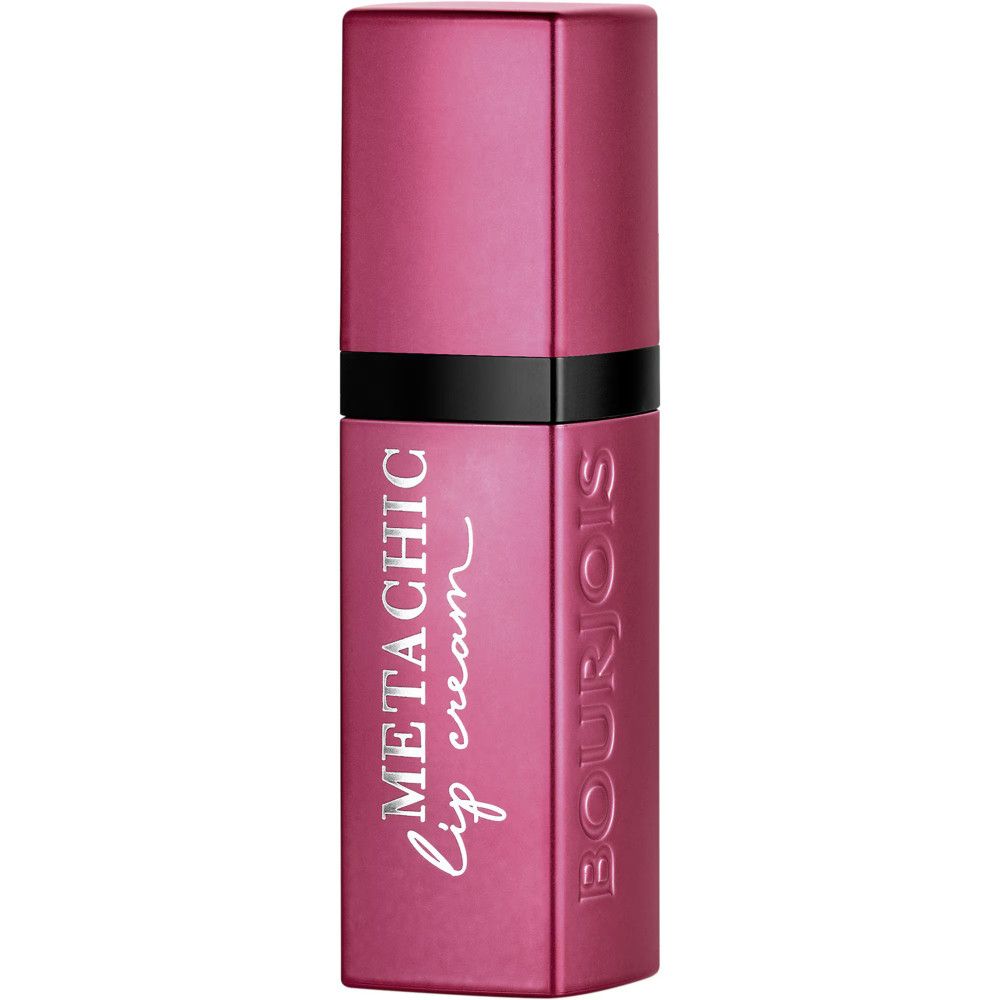 Rosa Lippencreme-Flakon. Aufschrift: Metachic lip cream, Bourjois. Schwarzer Streifen.