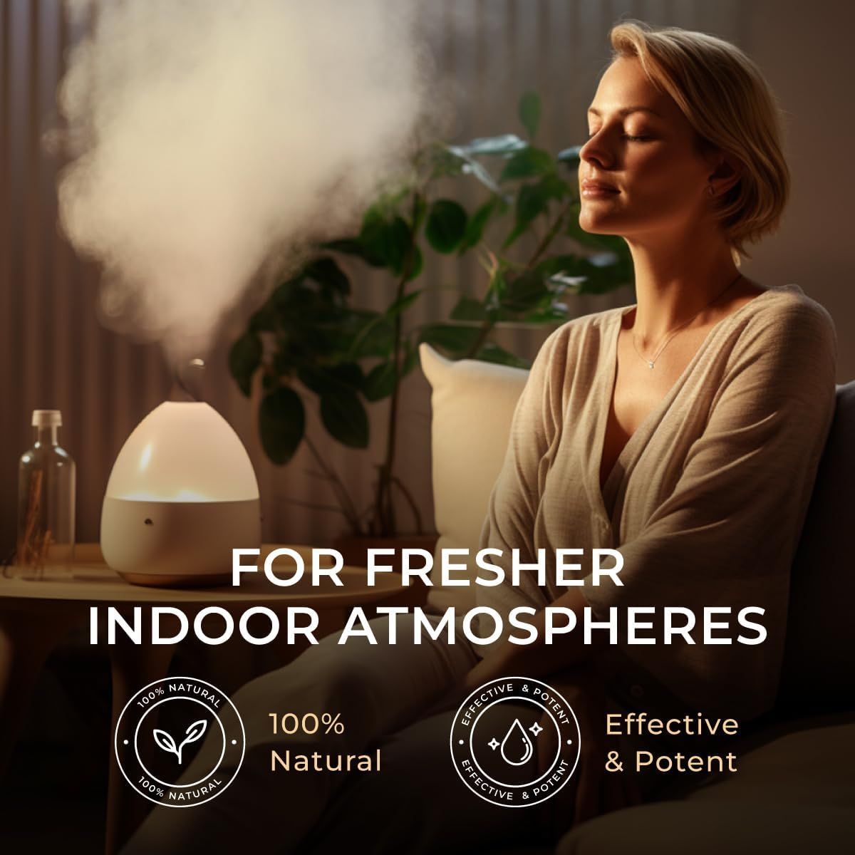 Weißer Diffusor, Nebel ausstoßend. Frau entspannt sich. Text: 100% natürlich, wirksam & potent.