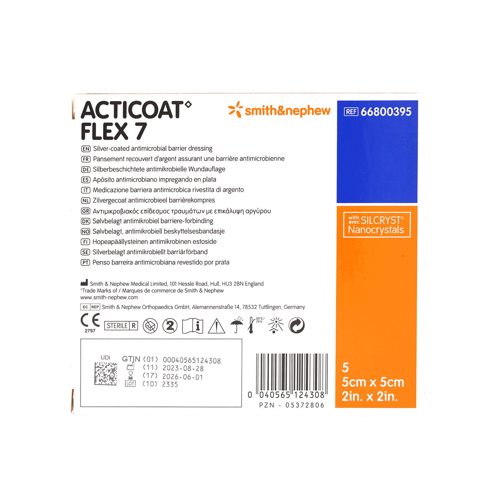 Verpackung von ACTICOAT FLEX 7. Rechteckig, weiß mit blauen und orangen Elementen. Enthält Informationen und Größenangaben: 5 cm x 5 cm.
