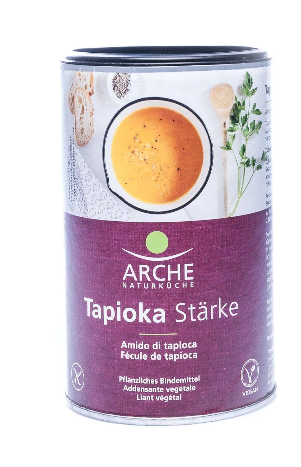 Arche Tapioka Stärke Dose mit Detailansicht der Vorderseite, zeigt eine Suppenschüssel und Kräuter.