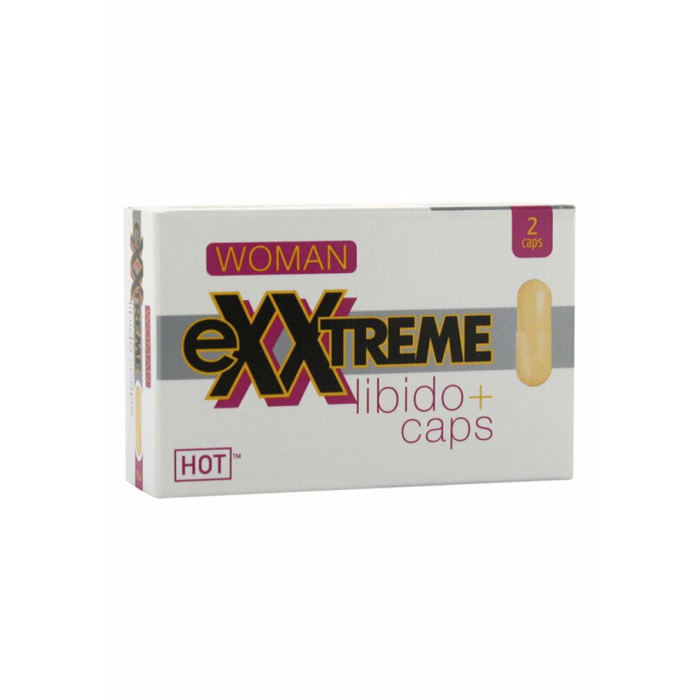 Verpackung mit zwei Kapseln. Aufschrift: eXXtreme Libido+ caps, Woman, HOT. Eine Kapsel ist abgebildet.