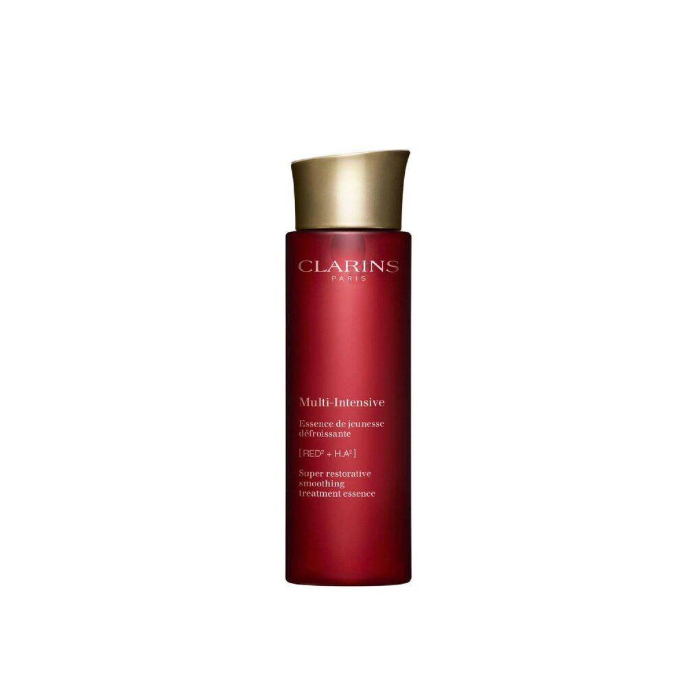 Clarins Multi-Intensive Behandlung Essence, rote Flasche mit goldenem Verschluss, leicht schräg.
