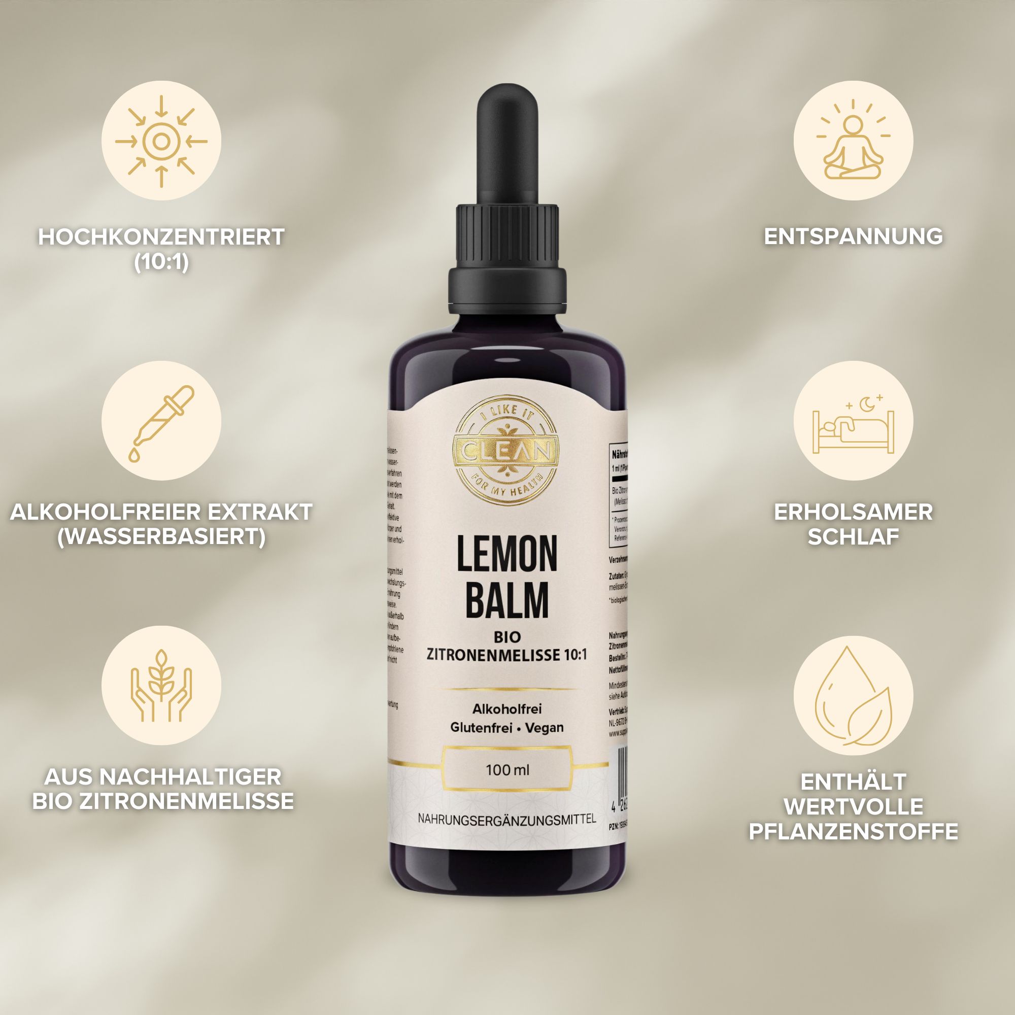 Braune Glasflasche mit schwarzem Deckel und Pipette. Etikett mit Produktinformationen. Umgeben von Icons und Text.