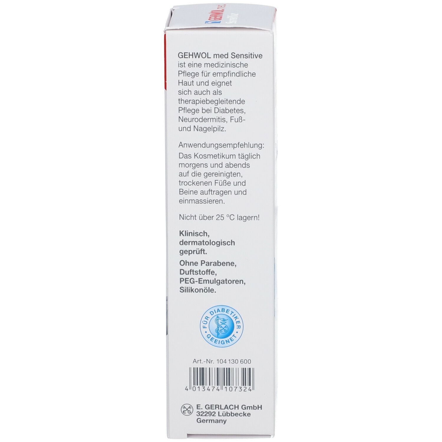 GEHWOL med Sensitive Creme. Schachtel. Text: Medizinische Pflege für empfindliche Haut. Inhaltsstoffe, Anwendungshinweise.