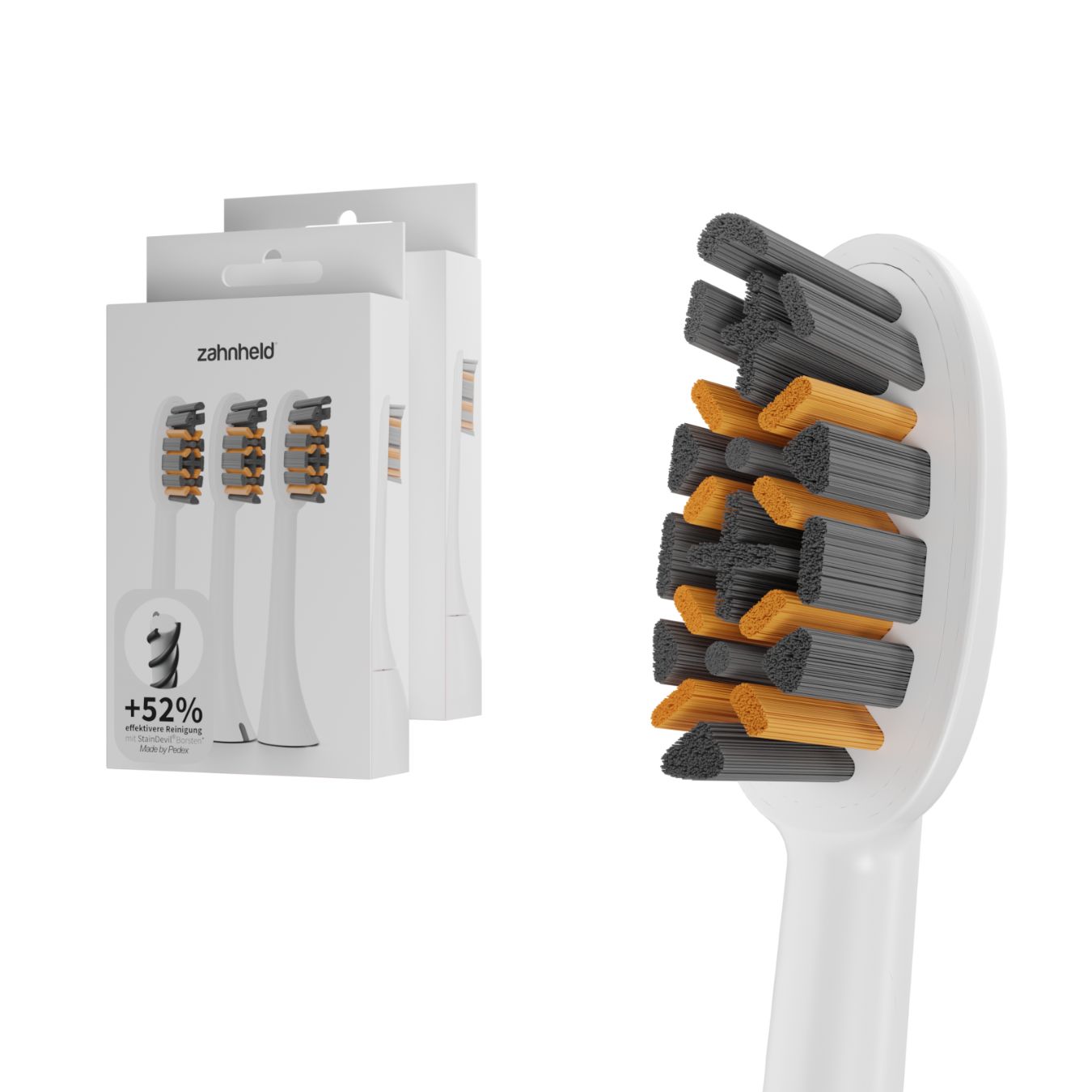 Zahnheld Bürstenkopf Pro X-Clean, weiß. Verpackung mit 3 Stück. Borsten grau und orange. Aufdruck +52%.