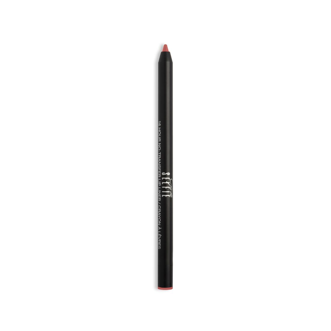 Schwarzer Lipliner mit roter Spitze. Aufschrift: Selfie. Schlanke, zylindrische Form.