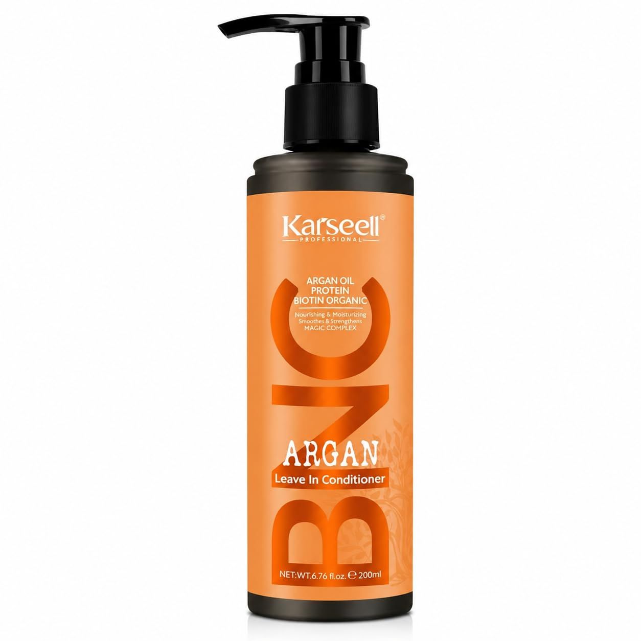 Orange Flasche mit Pumpspender, Karseell Argan Leave-In Conditioner, 200ml.