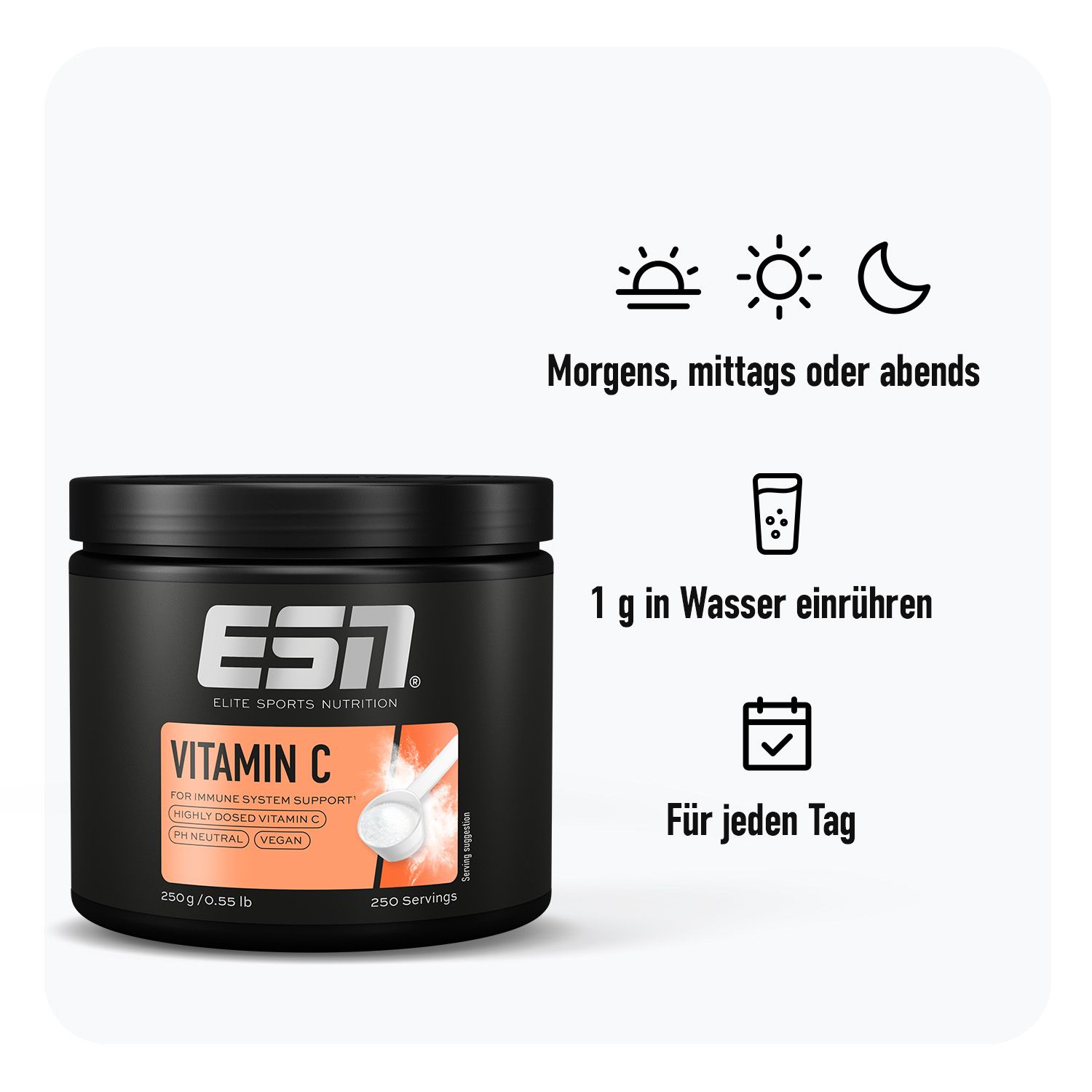 ESN Vitamin C Pulver in schwarzer Dose. Anweisungen: 1g in Wasser, für jeden Tag. Morgens, mittags oder abends.
