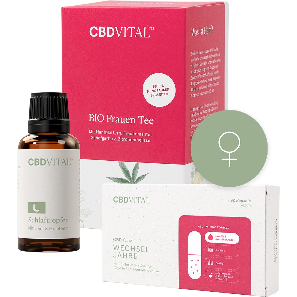 Geschenkset mit CBD Vital Produkten. Enthält eine Flasche, eine Packung Tee, eine Packung Kapseln und eine Geschenkbox.