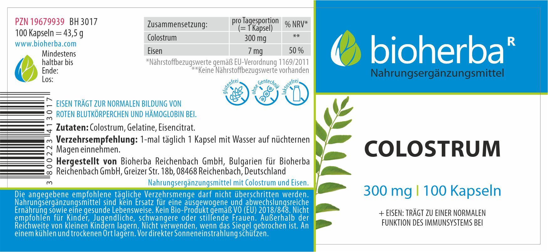 Etikett mit Produktinformationen. Colostrum Kapseln, 300 mg, 100 Kapseln. Marke: Bioherba. Enthält Eisen. Zutatenliste und Verzehrempfehlung.