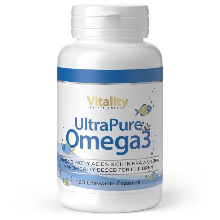 Weiße Flasche mit blauem Band. Aufschrift: Vitality Nutritionals, UltraPure Omega 3 Kids. 120 Kapseln. Fisch-Illustrationen.