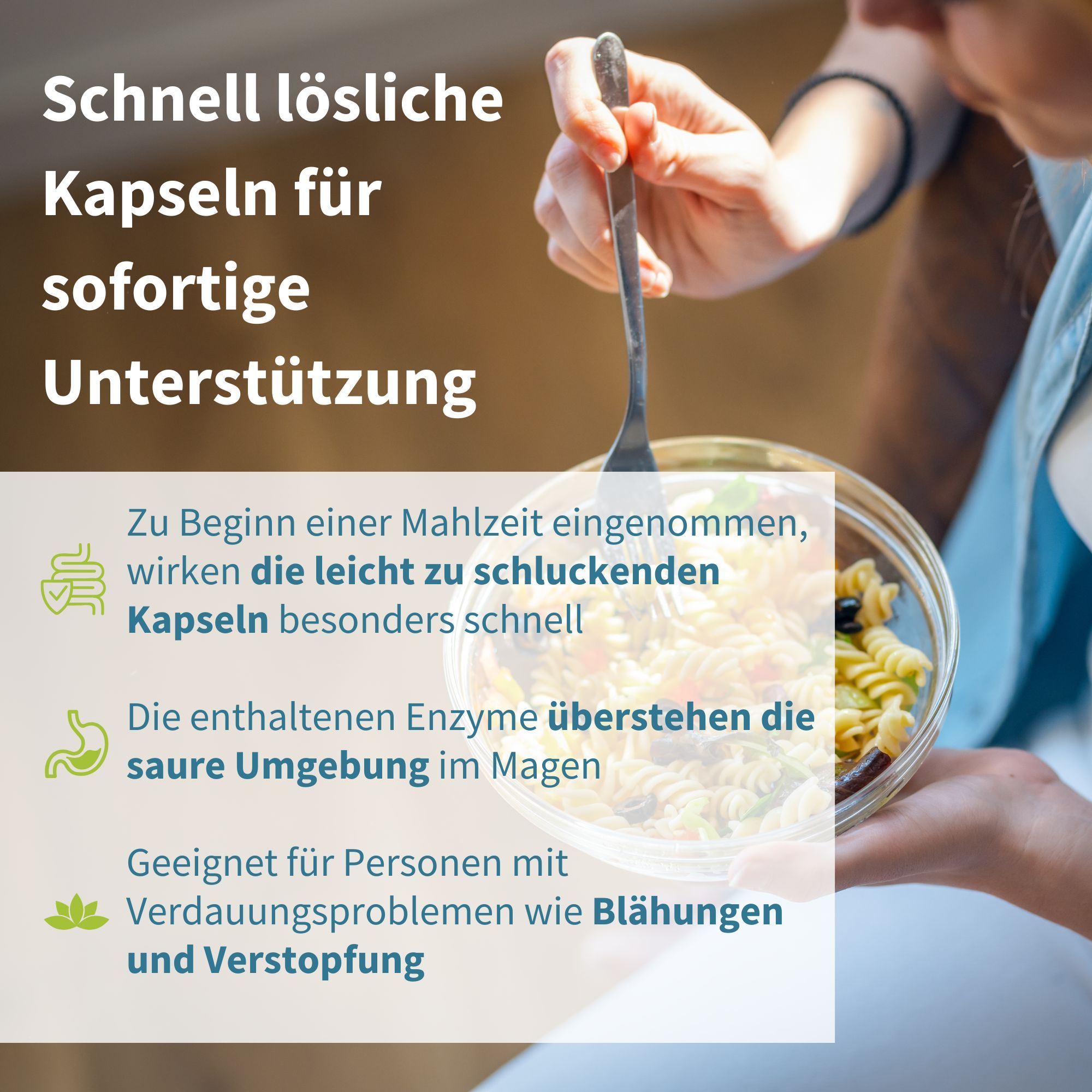 Schnell lösliche Kapseln für sofortige Unterstützung bei der Verdauung. Geeignet für Personen mit Verdauungsproblemen.