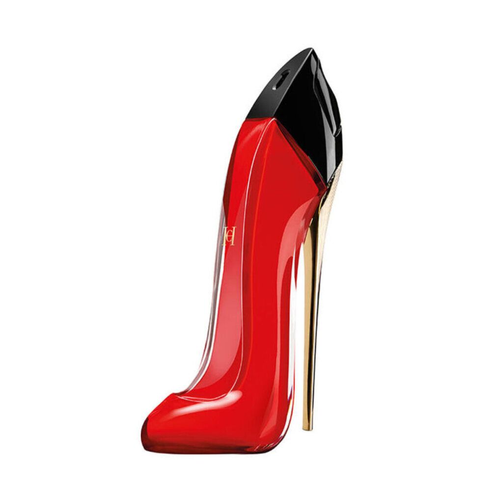 Roter High Heel-Flakon mit schwarzem Oberteil und goldenem Absatz. Das Logo "CH" ist auf dem Flakon sichtbar.