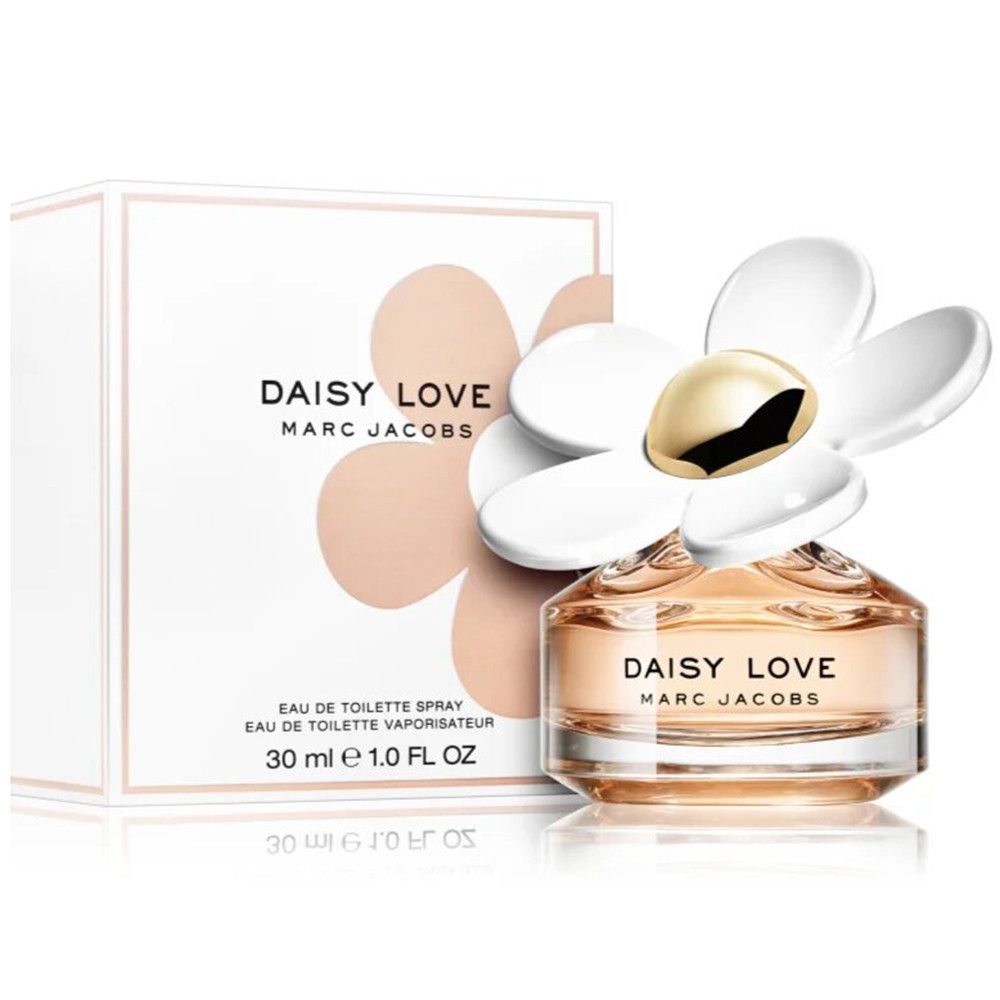 Parfümflakon mit weißer Blüte und Verpackung. Aufschrift: Daisy Love Marc Jacobs. 30 ml.