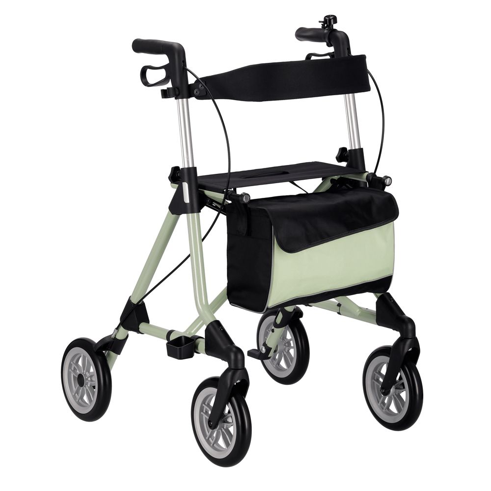 Rollator mit vier Rädern, hellgrünem Rahmen, schwarzem Sitz und Tasche. Mit Handbremsen und Getränkehalter.