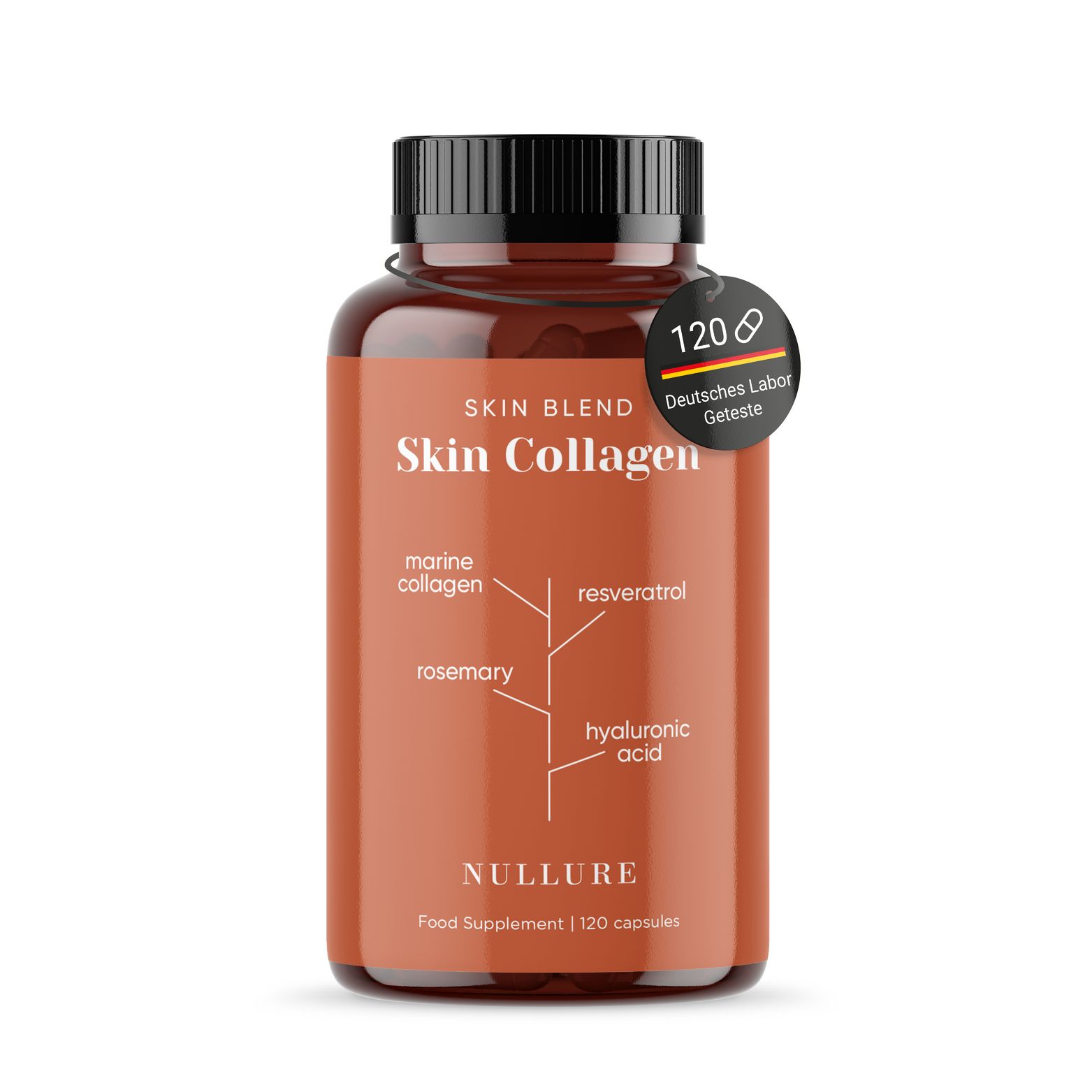 Braune Flasche mit schwarzen Deckel. Aufschrift: Skin Collagen. Enthält 120 Kapseln. Deutsches Labor getestet.
