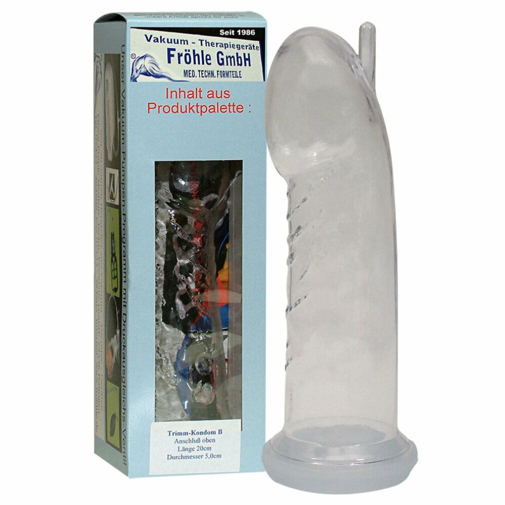 Transparenter Zylinder mit geriffelter Oberfläche und Basis, neben einer Produktverpackung mit Text.